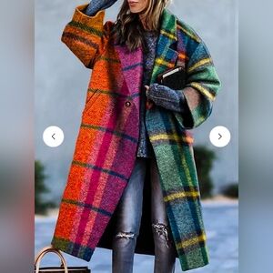 U0OZEE Contrast Color Plaid Split-Joint Lapel Coat | Size M